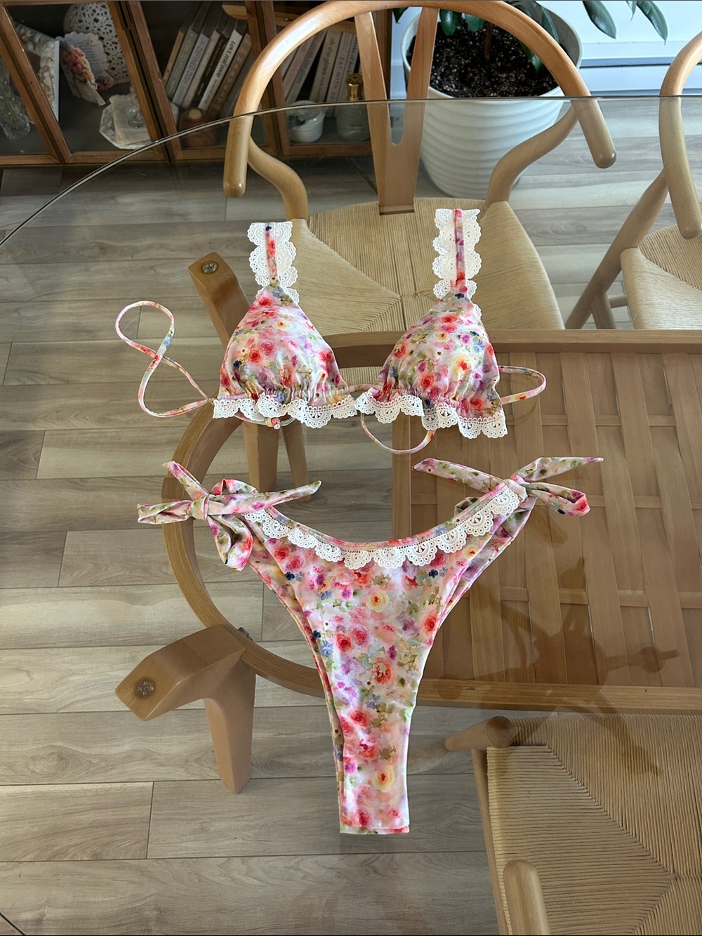 Strawberry Milk Mob Floral Lace-Trim Triangle Bikini Set